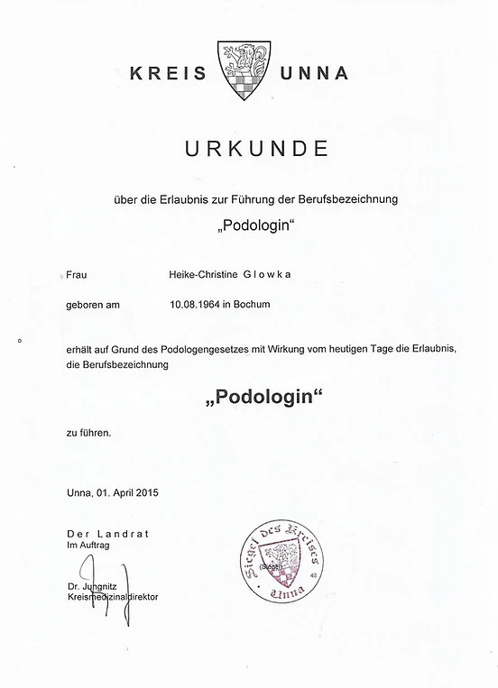 Urkunde Podologin